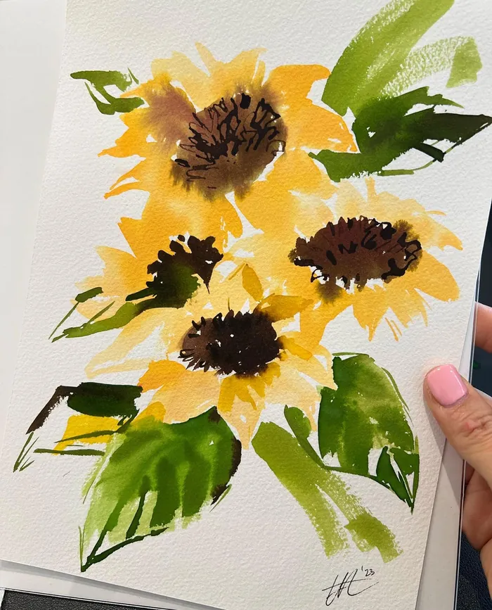 Watercolor painting of bright sunflowers by Elise Lee