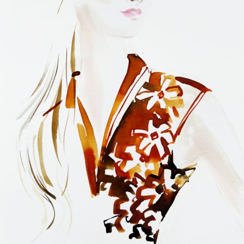 Fashion illustration of woman in floral dress by Elise Lee Live Event Drawing