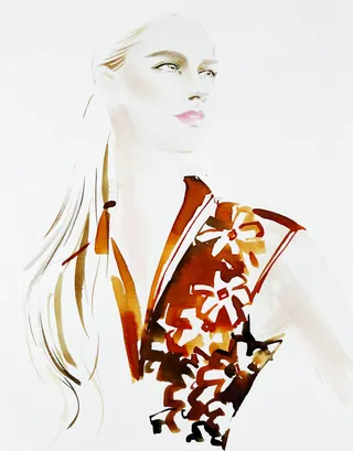 Fashion illustration of woman in floral dress by Elise Lee Live Event Drawing