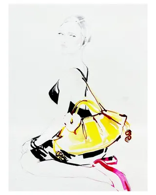 Fashion illustration of a seated woman with yellow bag by Elise Lee