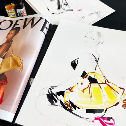 Fashion sketch of model with yellow bag by Elise Lee Live Event Drawing