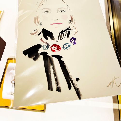 Stylized portrait of woman with colorful accessories by Elise Lee Live Event Drawing