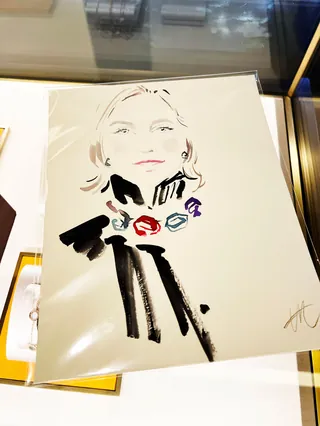 Stylized portrait of woman with colorful accessories by Elise Lee Live Event Drawing