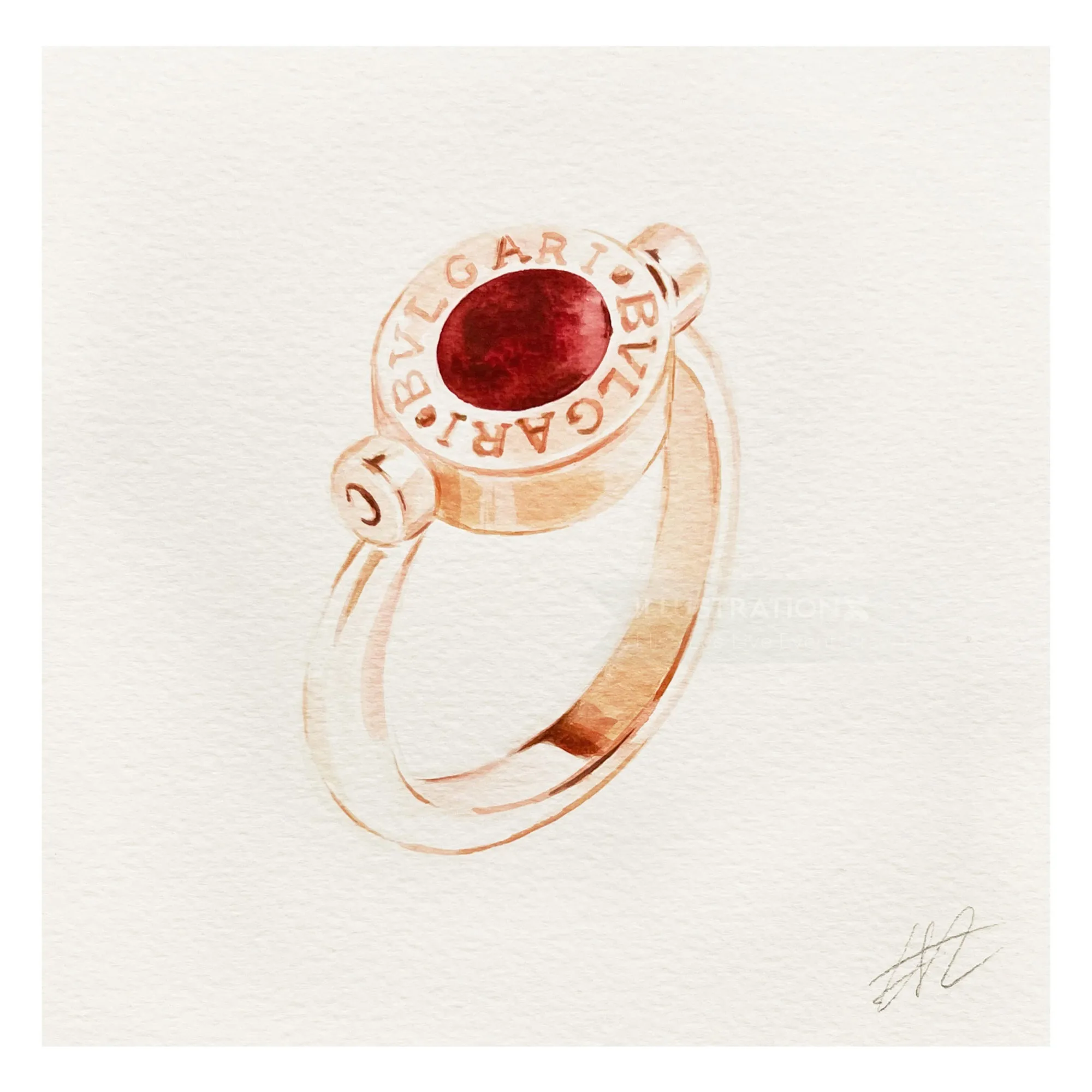 Bulgari ring with red gemstone on white background