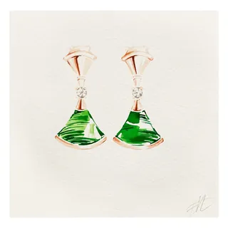 Green fan-shaped Bulgari earrings with gold and diamond accents