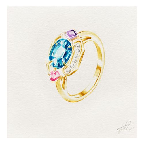 Gold Bulgari ring with blue, pink, and purple gemstones