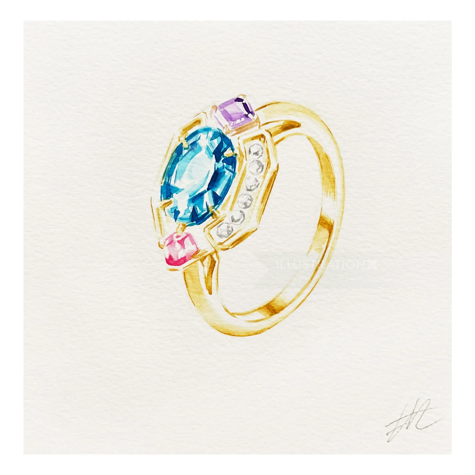 Gold Bulgari ring with blue, pink, and purple gemstones