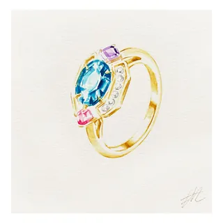 Gold Bulgari ring with blue, pink, and purple gemstones