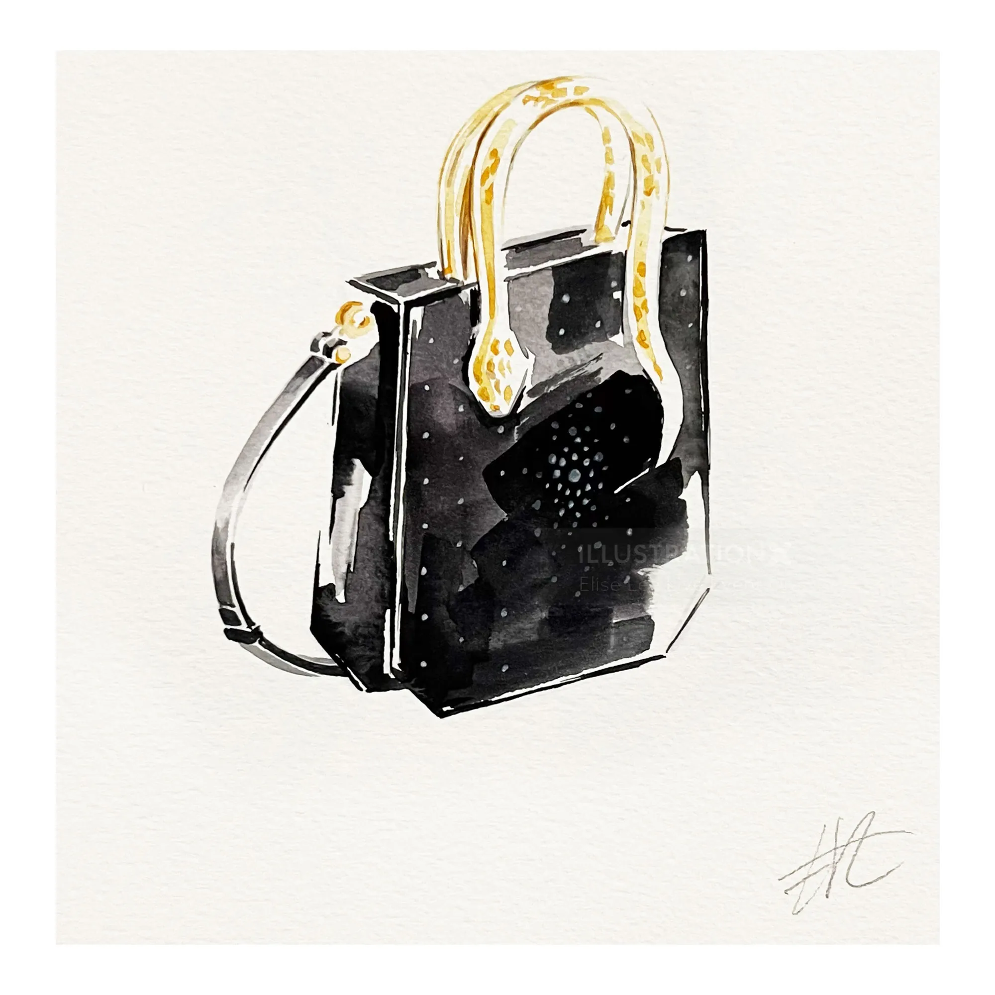 Black Bulgari handbag with gold handles and shoulder strap