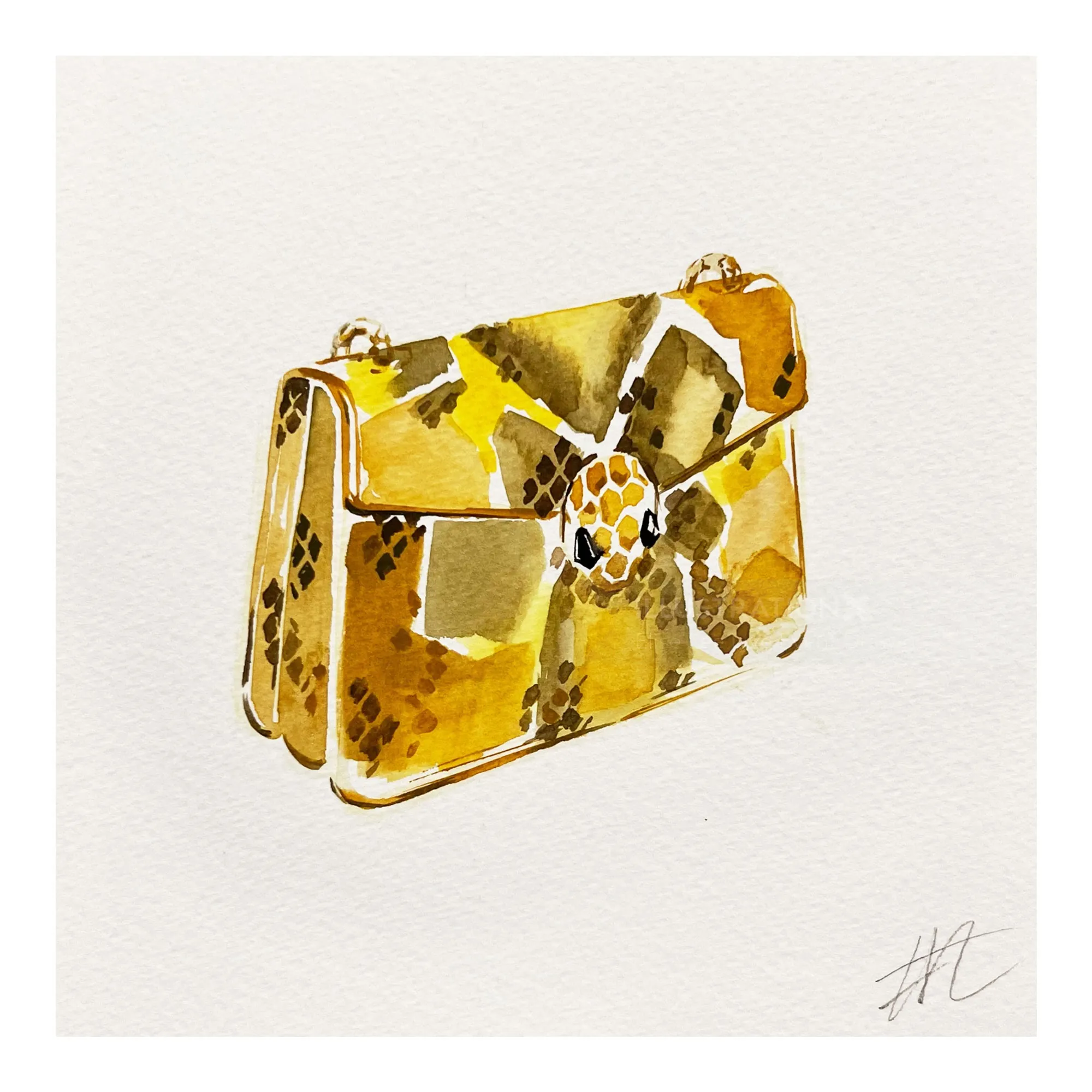 Yellow and brown snakeskin Bulgari handbag illustration