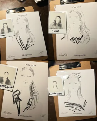 Illustrated portraits with attached photos at Living Proof event
