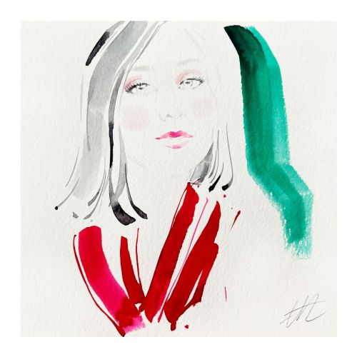 Watercolor portrait of woman with red scarf and green background