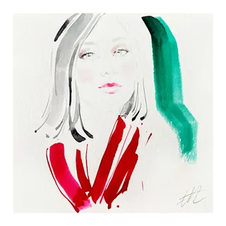 Watercolor portrait of woman with red scarf and green background
