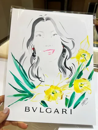 Illustration of smiling woman with flowers and BVLGARI logo