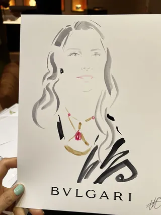 Minimalist portrait sketch of a woman with jewelry by Bulgari