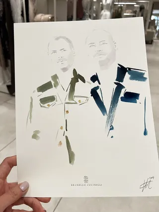 Minimalist watercolor sketch of two men in jackets at event