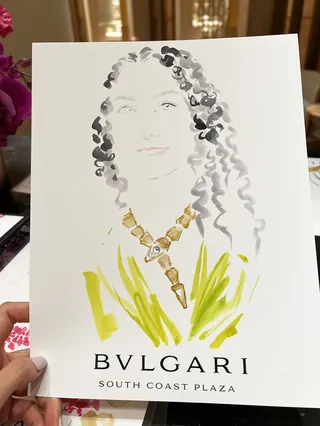 Stylized portrait sketch with gold jewelry and green clothing