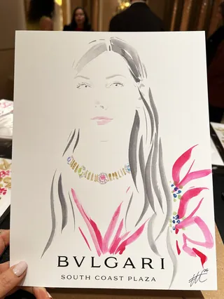Stylish woman wearing colorful Bulgari necklace illustration