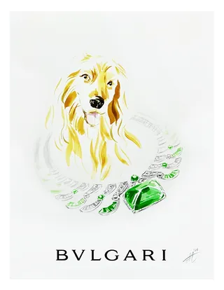 Illustration of a golden dog with a green gemstone necklace