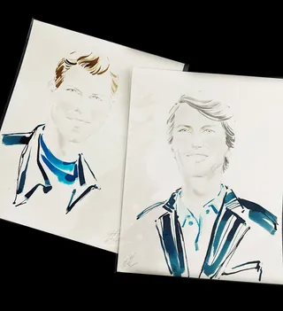Watercolor portraits of two smiling men in jackets on white paper