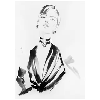 Black and white ink portrait of a woman in elegant clothing