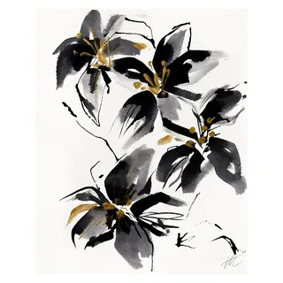 Black and gold watercolor flowers on white background