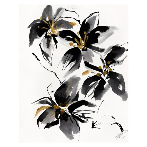 Black and gold watercolor flowers on white background