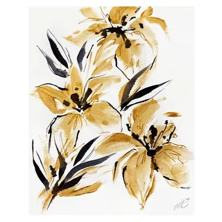 Gold and black floral watercolor painting with leaves and blossoms