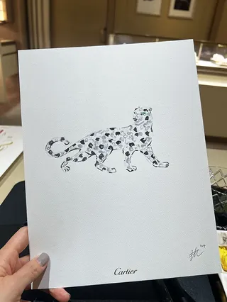 Hand holding illustration of a spotted panther on white paper