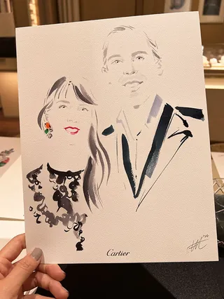 Watercolor portrait of a couple at Cartier event