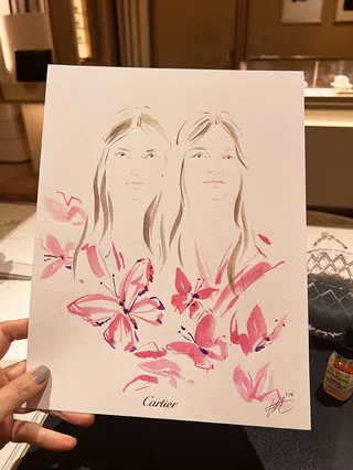 Watercolor portrait of two women with pink butterflies, Cartier logo