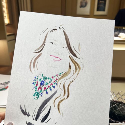 Illustration of woman wearing colorful Cartier necklace