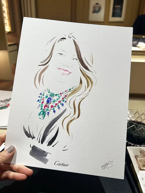 Illustration of woman wearing colorful Cartier necklace