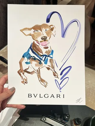 Drawing of a happy dog with blue accents and a purple heart