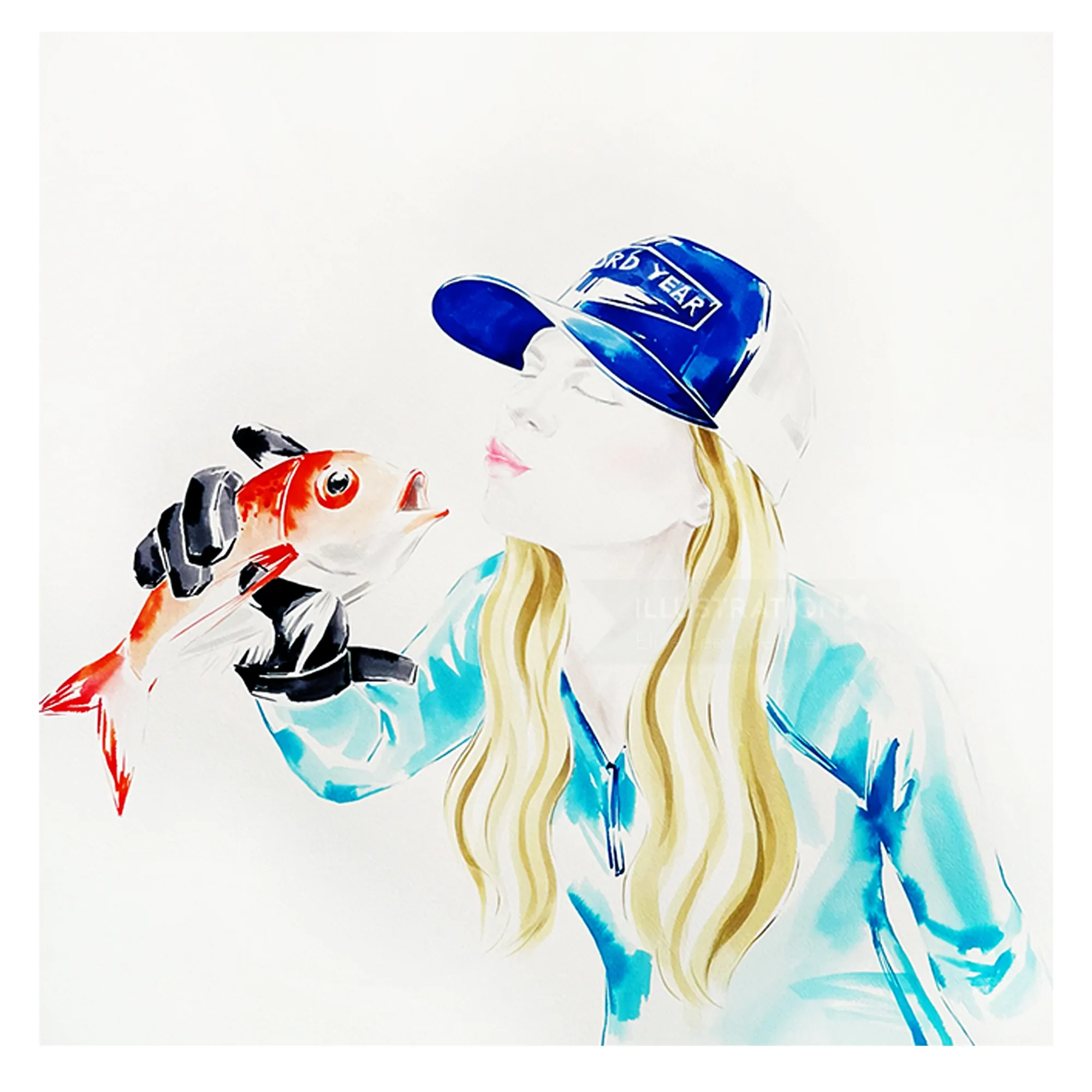 Woman in cap holding and kissing a red fish