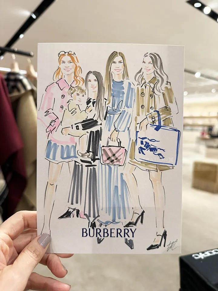 Burberry fashion illustration of four women holding bags by Elise Lee