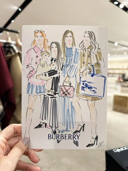 Burberry fashion illustration of four women holding bags by Elise Lee
