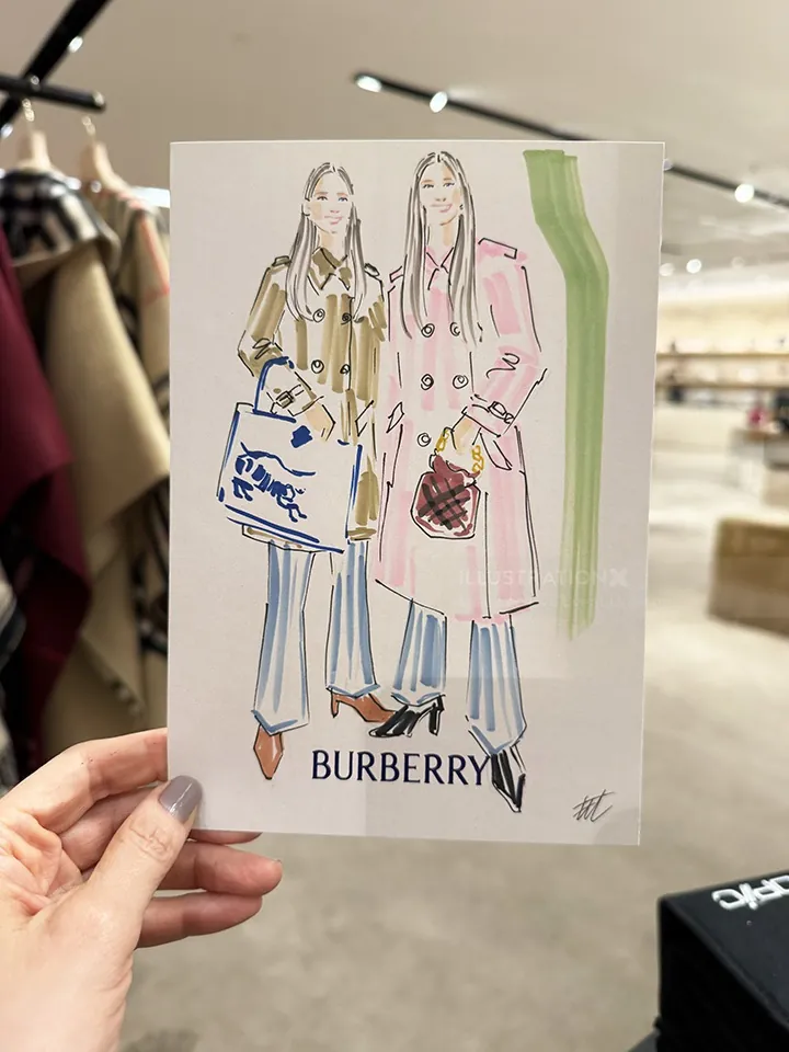 Burberry fashion illustration of two women in coats by Elise Lee