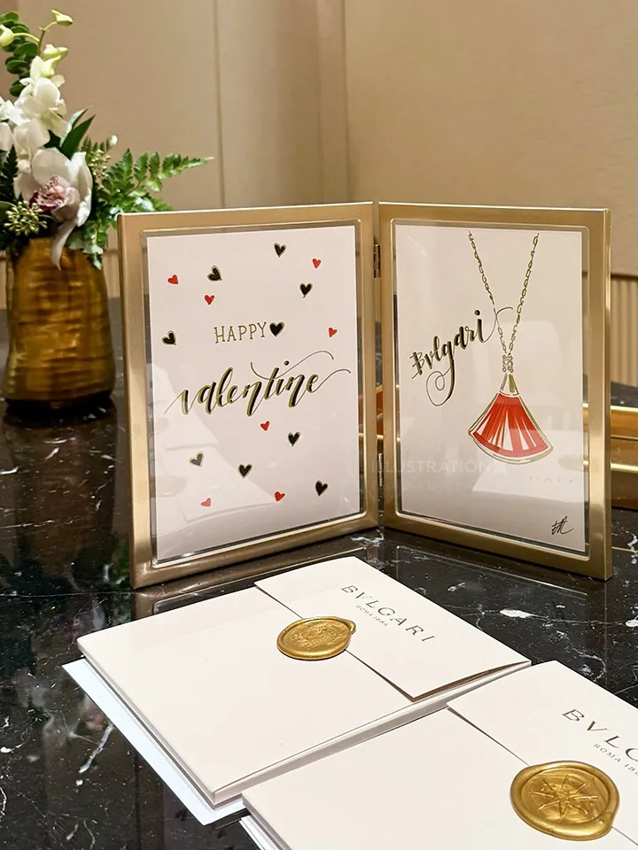 Valentine's card with calligraphy and jewelry display by Elise Lee