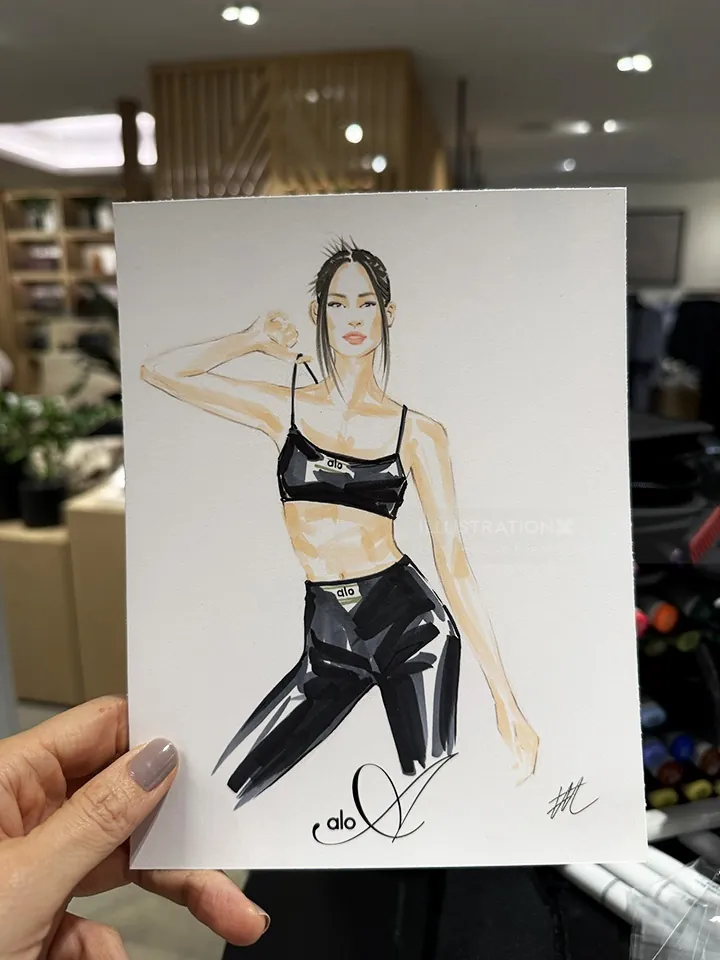 Fashion illustration of a woman posing in black outfit by Elise Lee