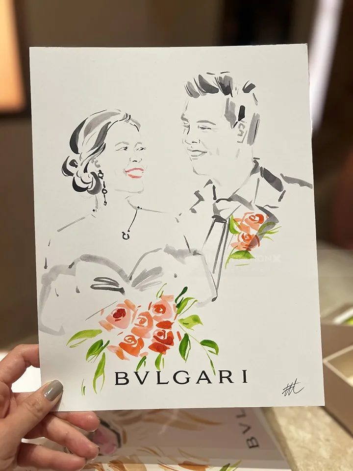 Ink and watercolor portrait of couple with BVLGARI branding by Elise Lee