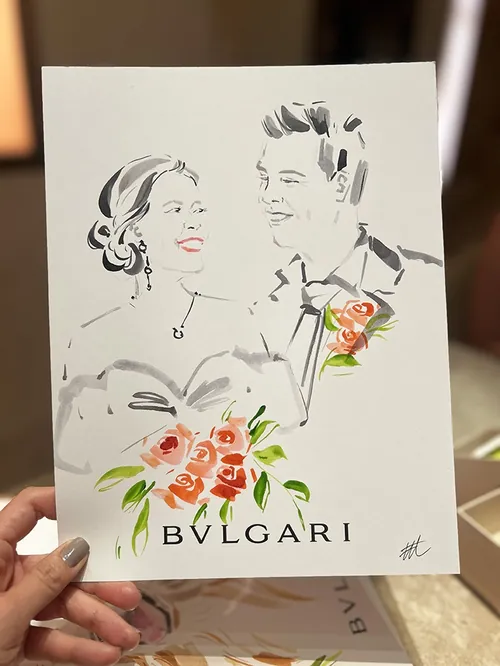 Ink and watercolor portrait of couple with BVLGARI branding by Elise Lee