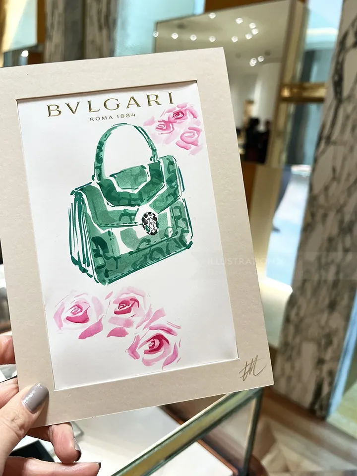 Illustration of green BVLGARI handbag with pink roses by Elise Lee