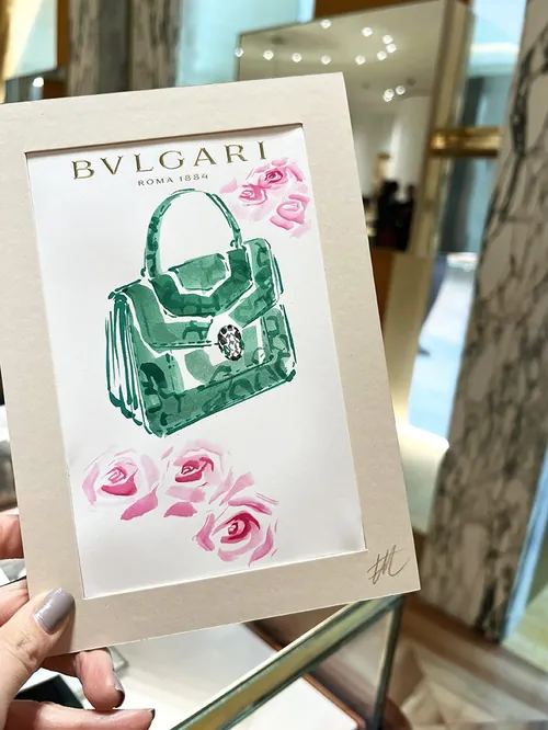 Illustration of green BVLGARI handbag with pink roses by Elise Lee