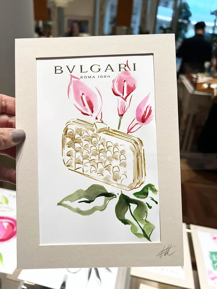 Hand-drawn BVLGARI handbag with pink flowers by Elise Lee