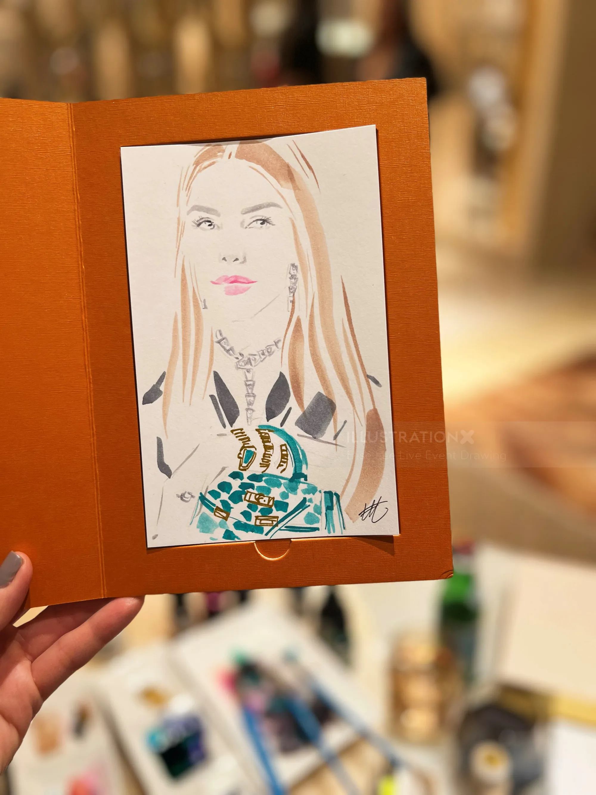Fashion sketch featuring jewelry by Elise Lee Live Event Drawing