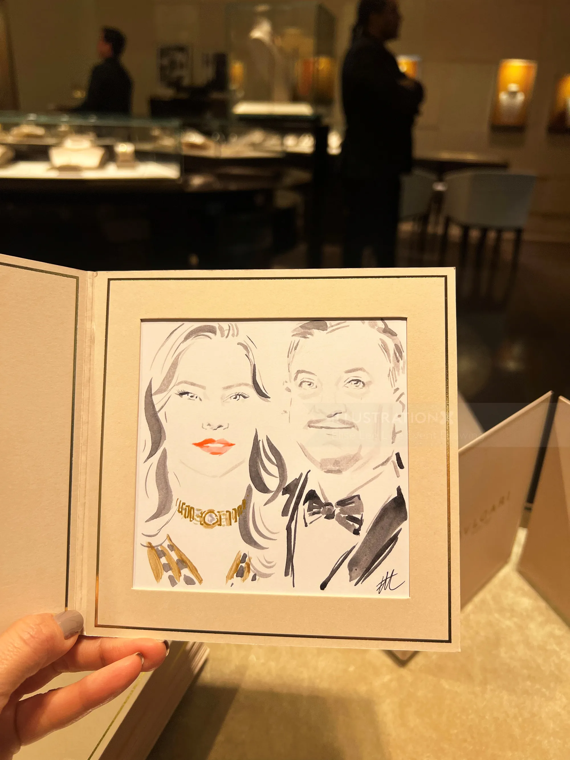 Live event drawing of a man and woman at BVLGARI event by Elise Lee