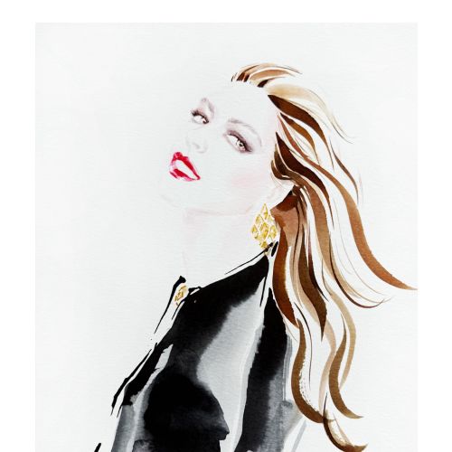 Stylish watercolor portrait of woman with flowing hair by Elise Lee