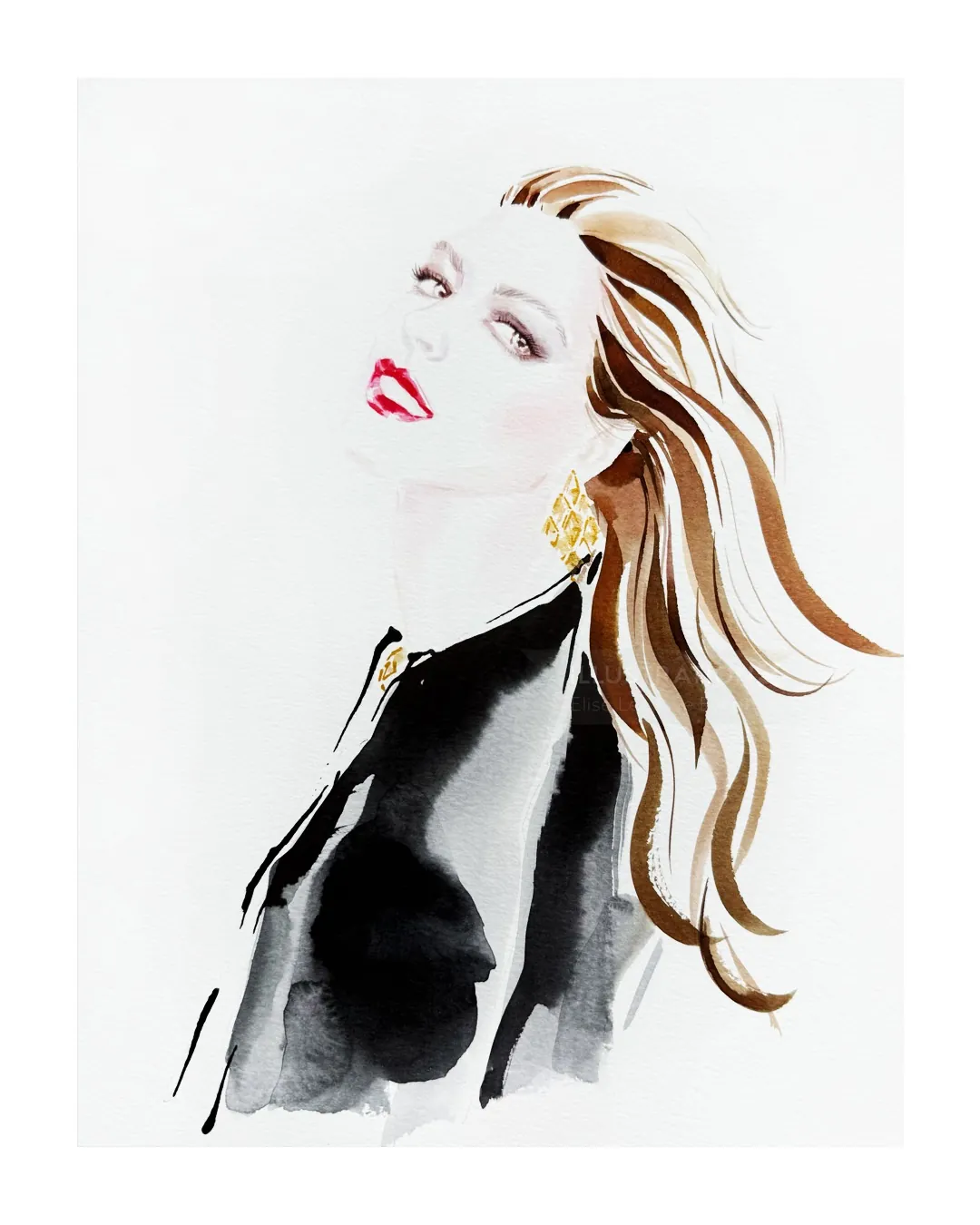 Stylish watercolor portrait of woman with flowing hair by Elise Lee