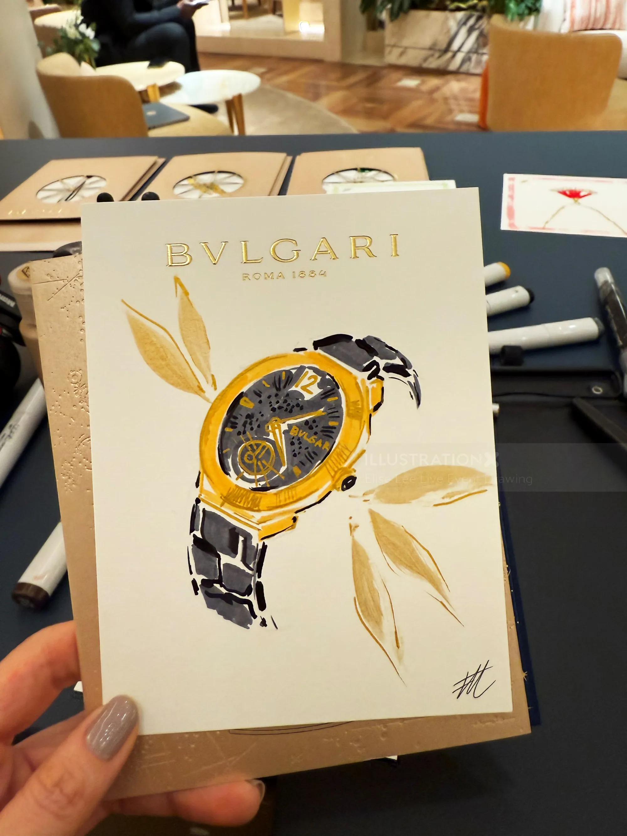 Illustration of BVLGARI Serpenti watch by Elise Lee Live Event Drawing
